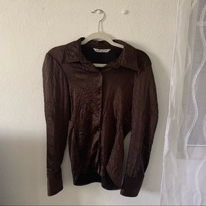 Brown button up brown satin like shirt